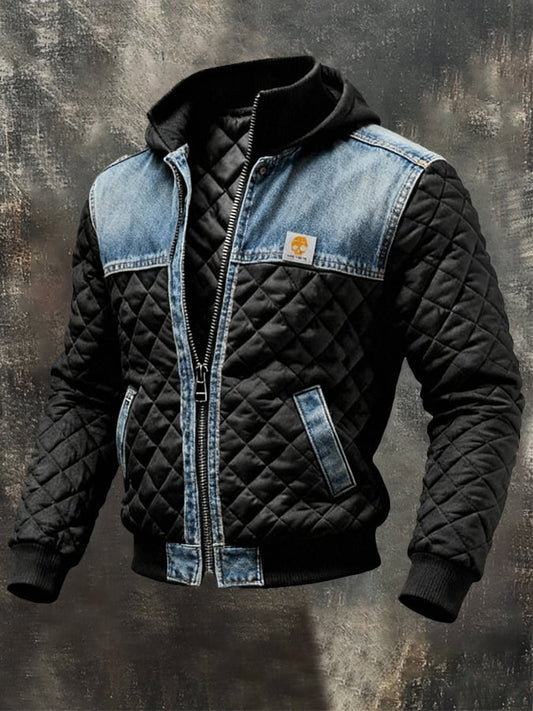 Schwarze gesteppte Jacke mit Denim-Details
