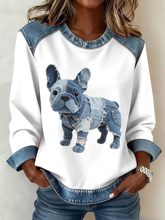 Alma - Damen Sweatshirt mit Denim-Patchwork im Französischen Bulldoggen-Stil