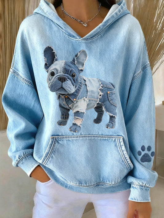 Blanca - Gestreifter Hoodie mit Französischer Bulldogge und Denim-Patch für Damen